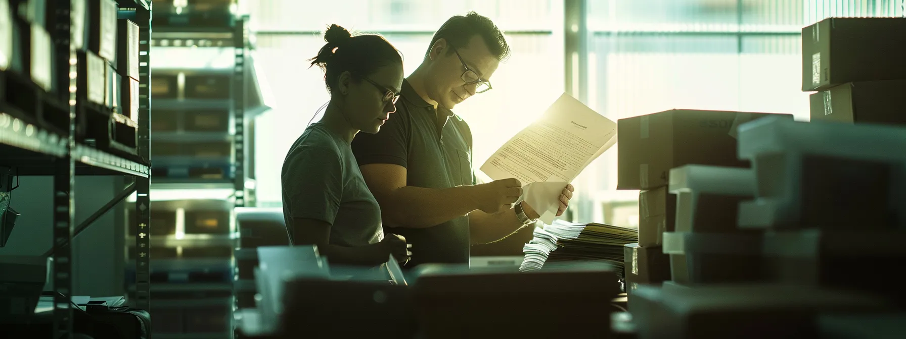 A Family Carefully Inspecting A Moving Contract With A Stack Of Boxes In The Background.