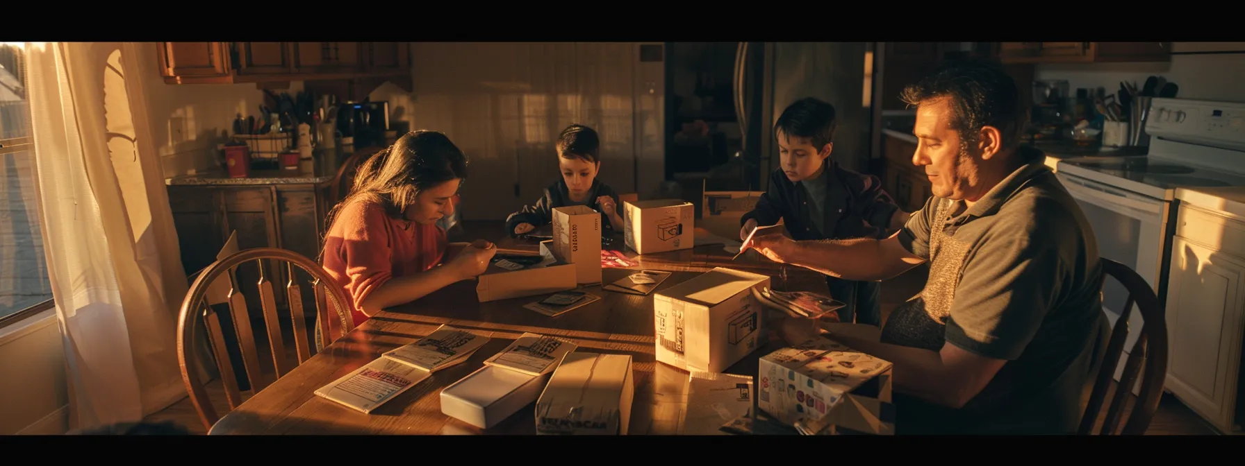 A Family Carefully Reviewing And Comparing Moving Quotes At Their Kitchen Table, Surrounded By Boxes Labeled For The Long-Distance Move From Los Angeles To Nevada.