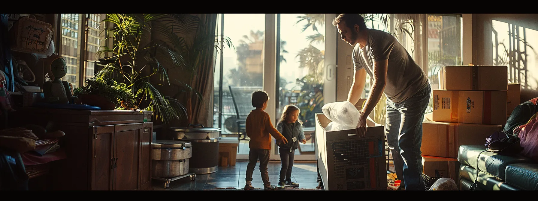 A Family Carefully Weighing Their Household Belongings In Preparation For A Stress-Free Move From Los Angeles To A New City.