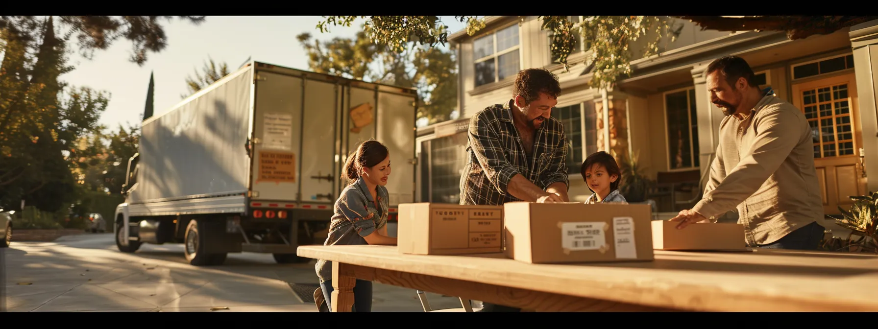 A Family Confidently Signing A Contract With Professional Movers, Surrounded By Labeled Moving Boxes And A Moving Truck In The Background.