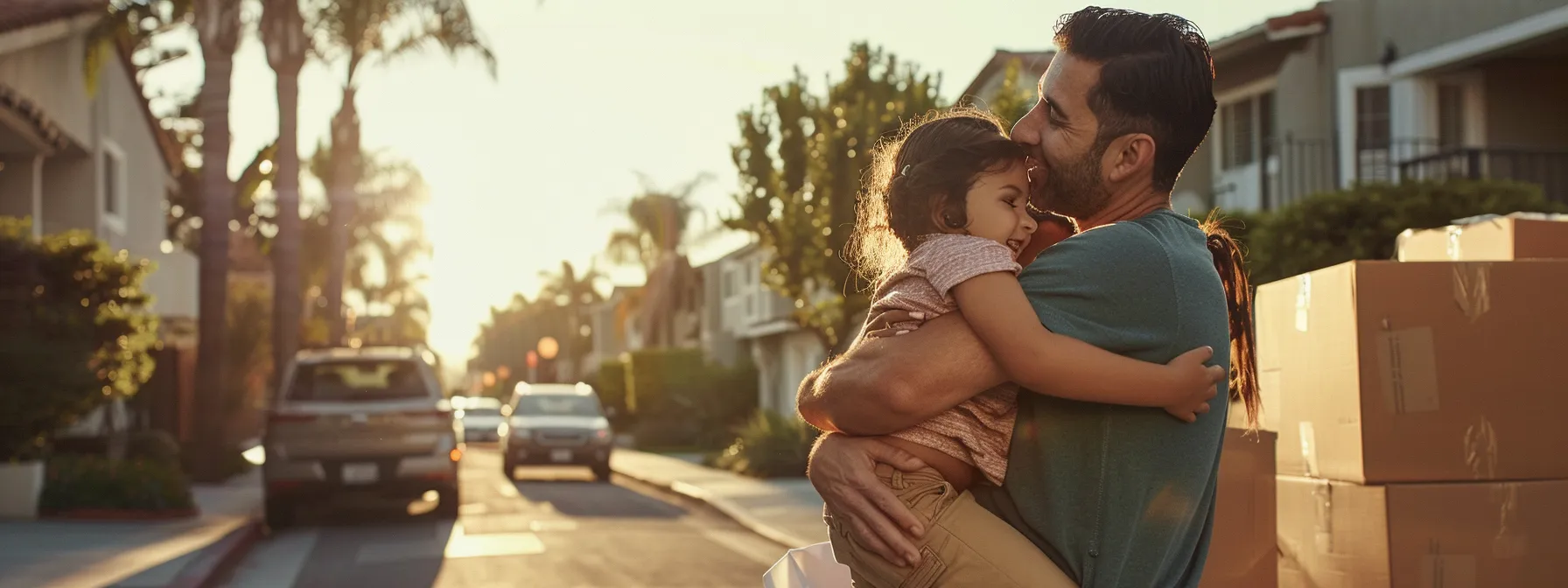 A Family Embracing As Professional Movers Unload Boxes From A Moving Truck, Capturing The Essence Of A Stress-Free And Joyous Moving Day In Los Angeles.