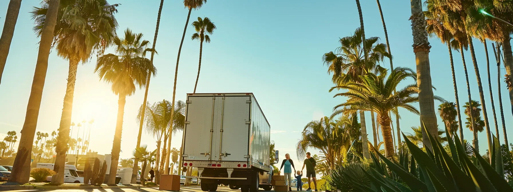 A Family Excitedly Watching As Professional La Home Movers Carefully Load Their Belongings Into A Moving Truck, Surrounded By Green Palm Trees Under A Clear Blue Sky.