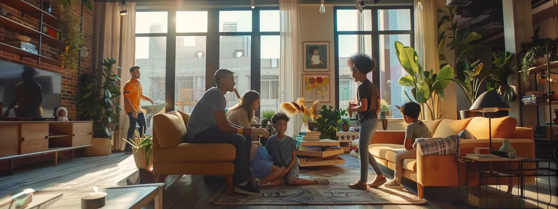 A Family Happily Checking Off Items On A Moving Checklist, Surrounded By Professional Los Angeles Movers In Action.