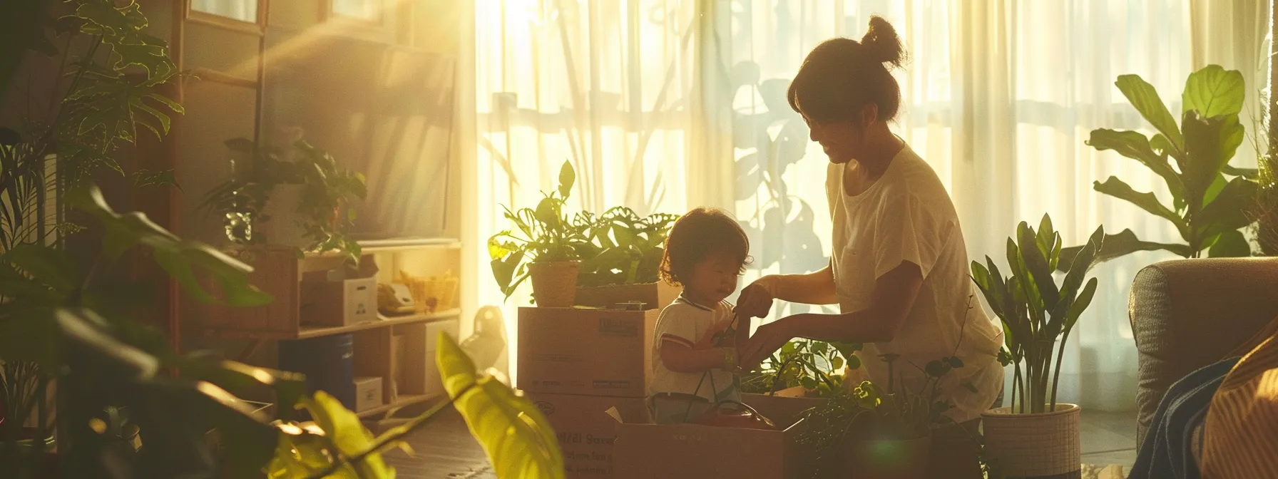 A Family Happily Packing Boxes With Eco-Friendly Supplies In A Bright And Airy Room Before Their Move In Los Angeles.