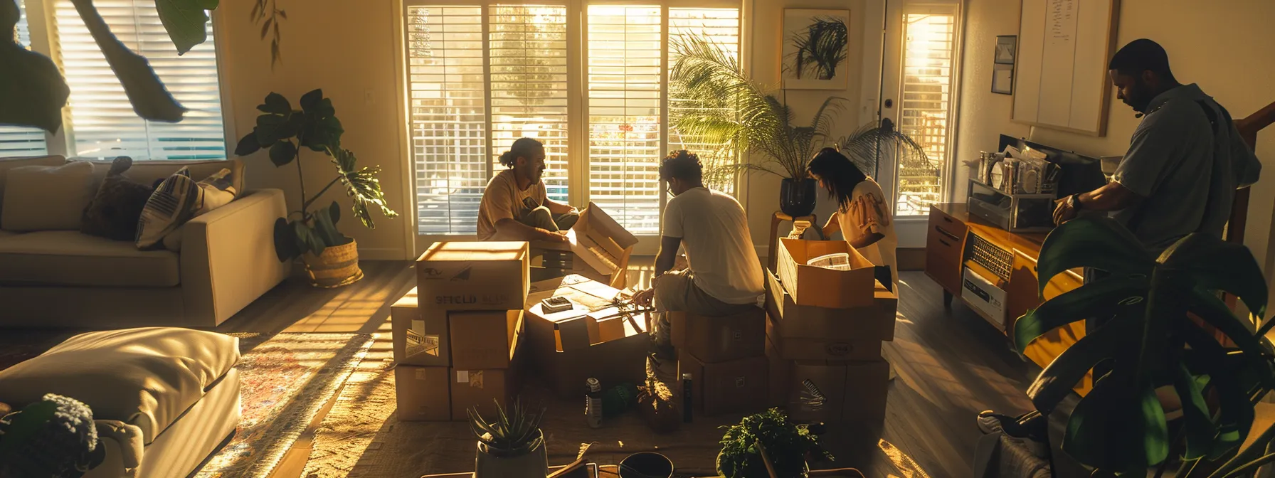 A Family Happily Unpacking Boxes In Their New Spacious Los Angeles Home, Surrounded By Friendly Neighbors Welcoming Them To The Community.