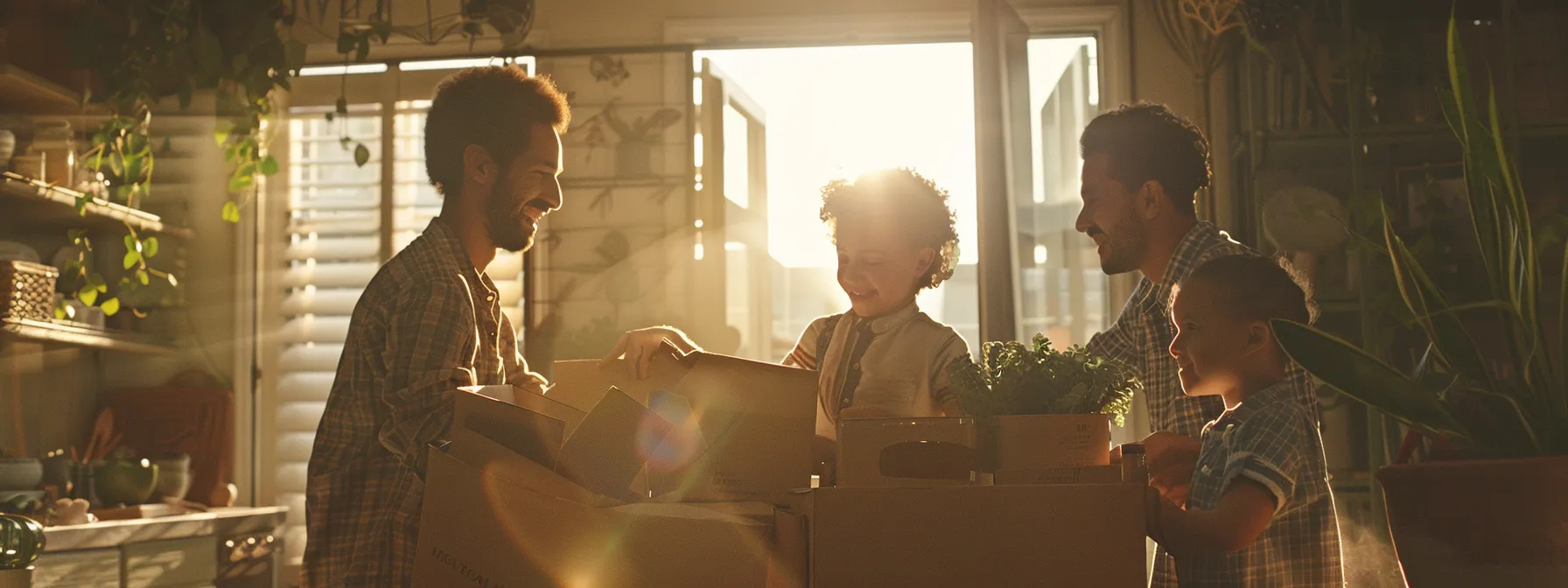 A Family Happily Unpacking Boxes In Their New, Organized Home While Smiling At Each Other.