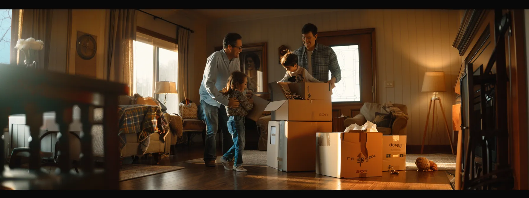 A Family Happily Unpacking Boxes In Their New Home While A Professional Mover Looks On Approvingly.