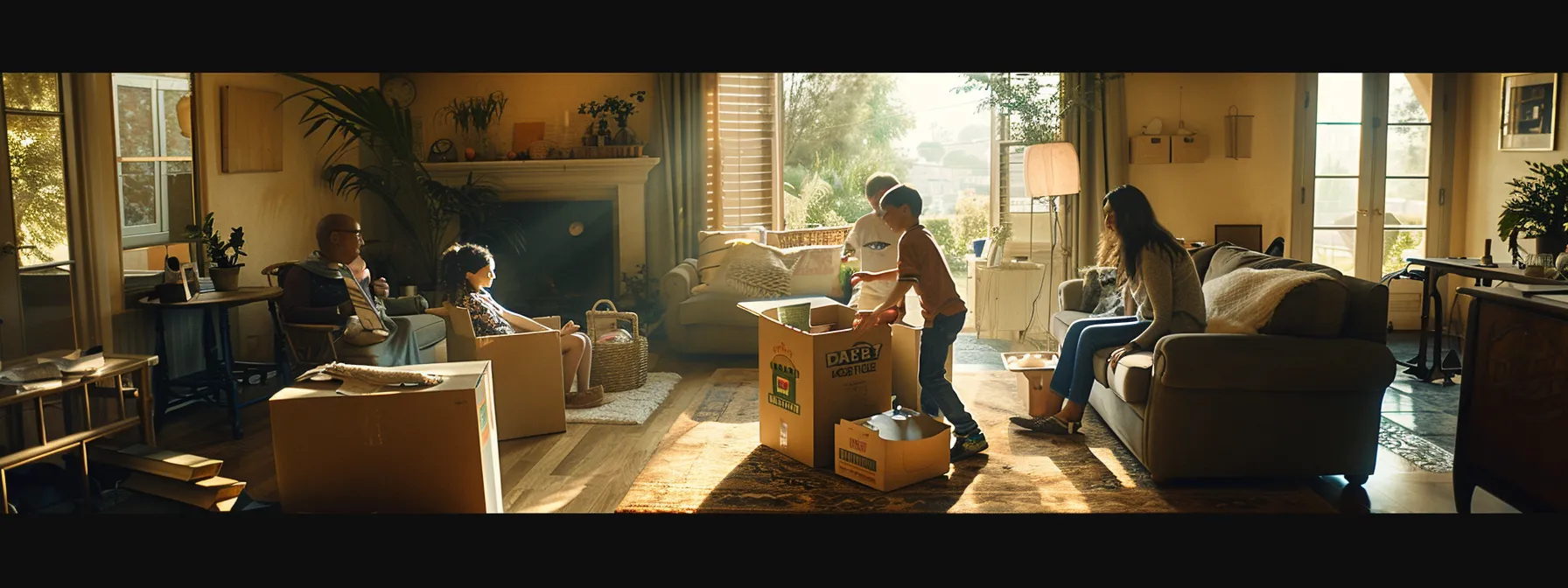 A Family Happily Unpacking Boxes In Their New Los Angeles Home, Using Local Resources Like Professional Services And Community Groups To Simplify The Process.