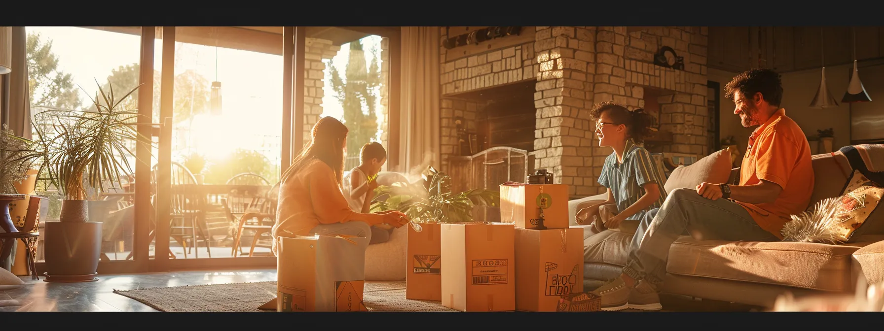 A Family Happily Unpacking Boxes In Their New, Spacious Home After A Stress-Free Long-Distance Move With Professional Movers In Los Angeles.