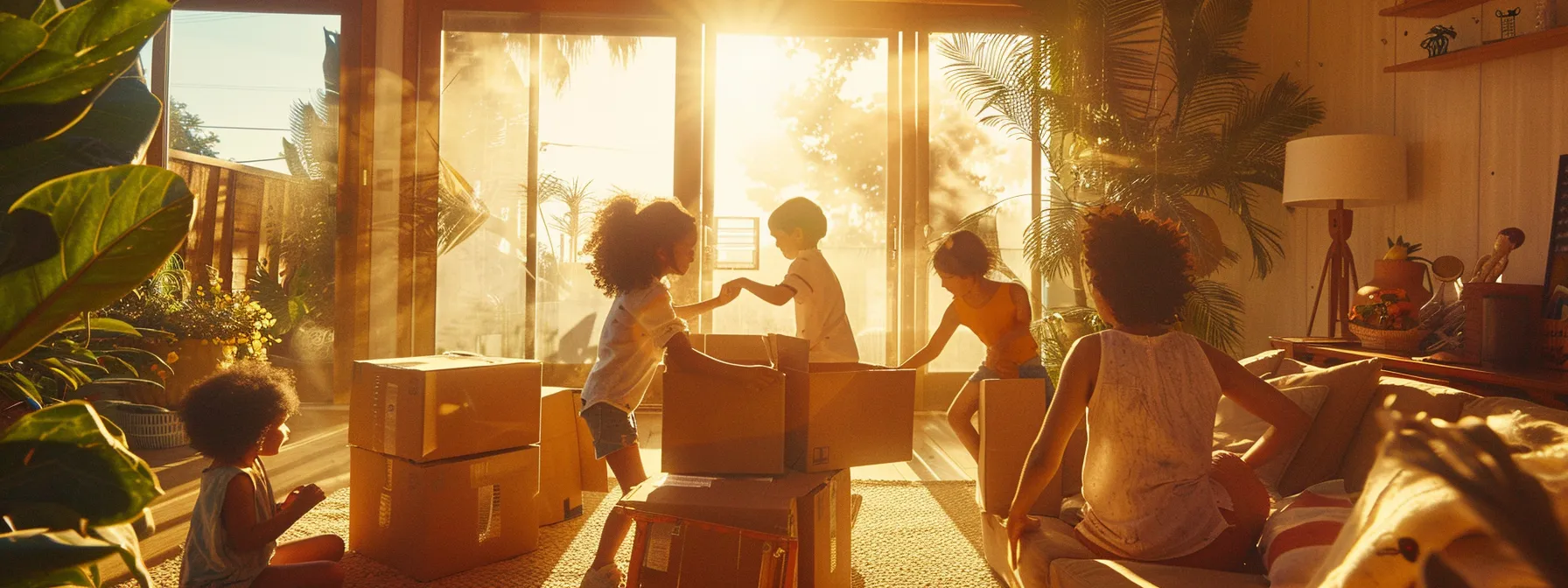 A Family Happily Unpacking Boxes In Their New Eco-Friendly Home In Los Angeles, Avoiding Costly Moving Mistakes With The Help Of Professional Movers.