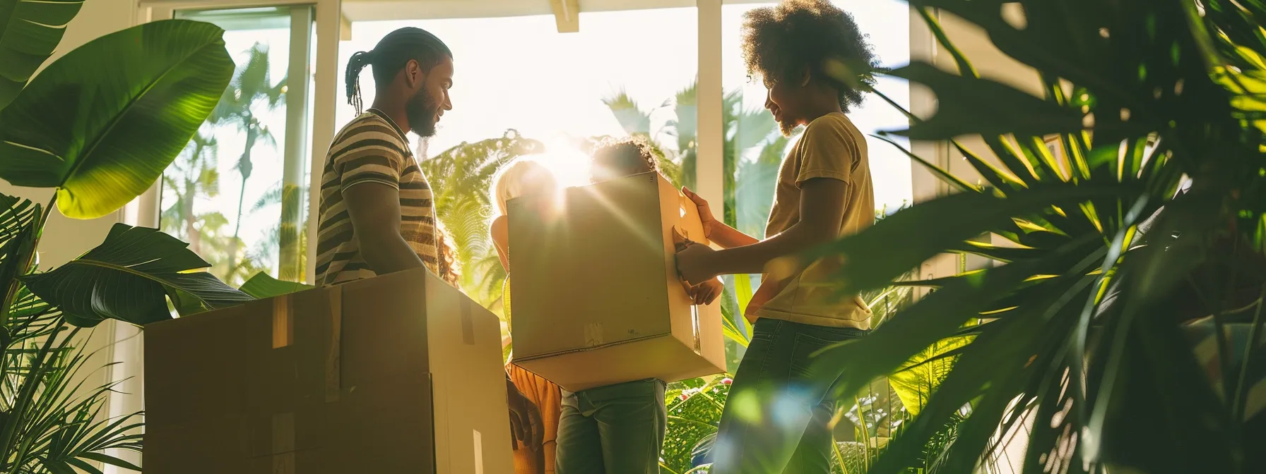 A Family Happily Unpacking Eco-Friendly Moving Boxes In Their New Home, Surrounded By Lush Greenery And Clear Skies In Los Angeles.