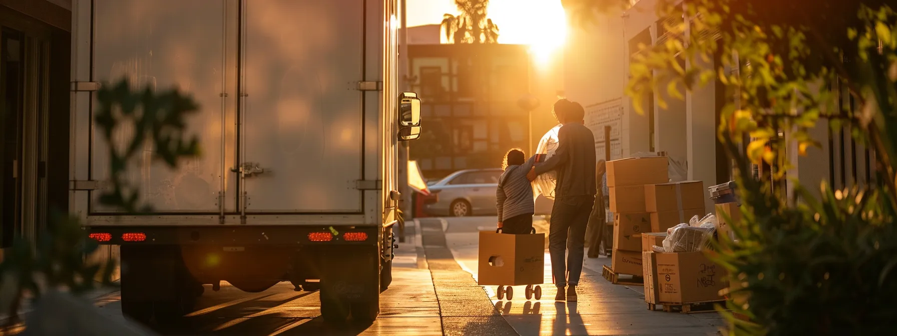 A Family Joyfully Loading Their Belongings Into A Moving Truck In Los Angeles, Ready To Embark On Their Journey To A New Home.