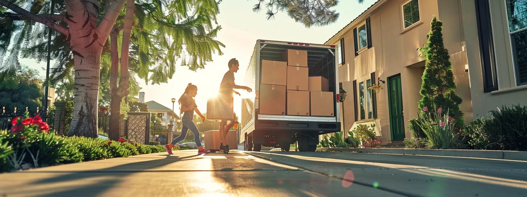 A Family Joyfully Loads Boxes Onto A Rented Moving Truck In Sunny Los Angeles, Showcasing A Cost-Effective Diy Moving Approach.