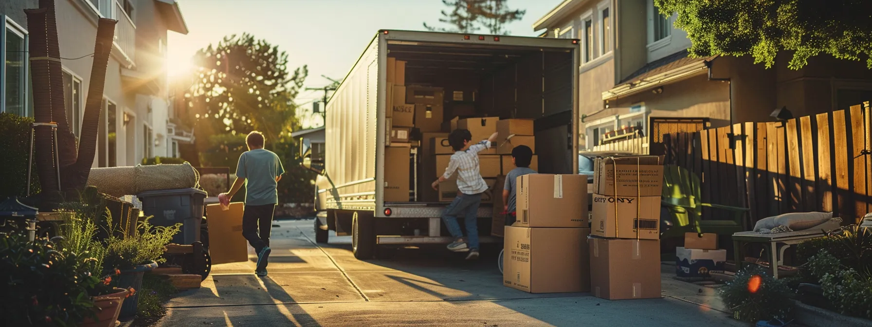 A Family Joyfully Packing Boxes Into A Moving Truck In Los Angeles, Surrounded By A Clutter-Free, Neatly Organized Home.