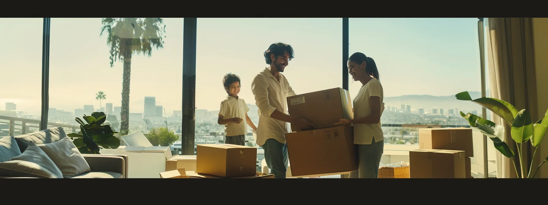 A Family Joyfully Packing Boxes In A Bright, Organized Living Room With A Scenic View Of Los Angeles In The Background.