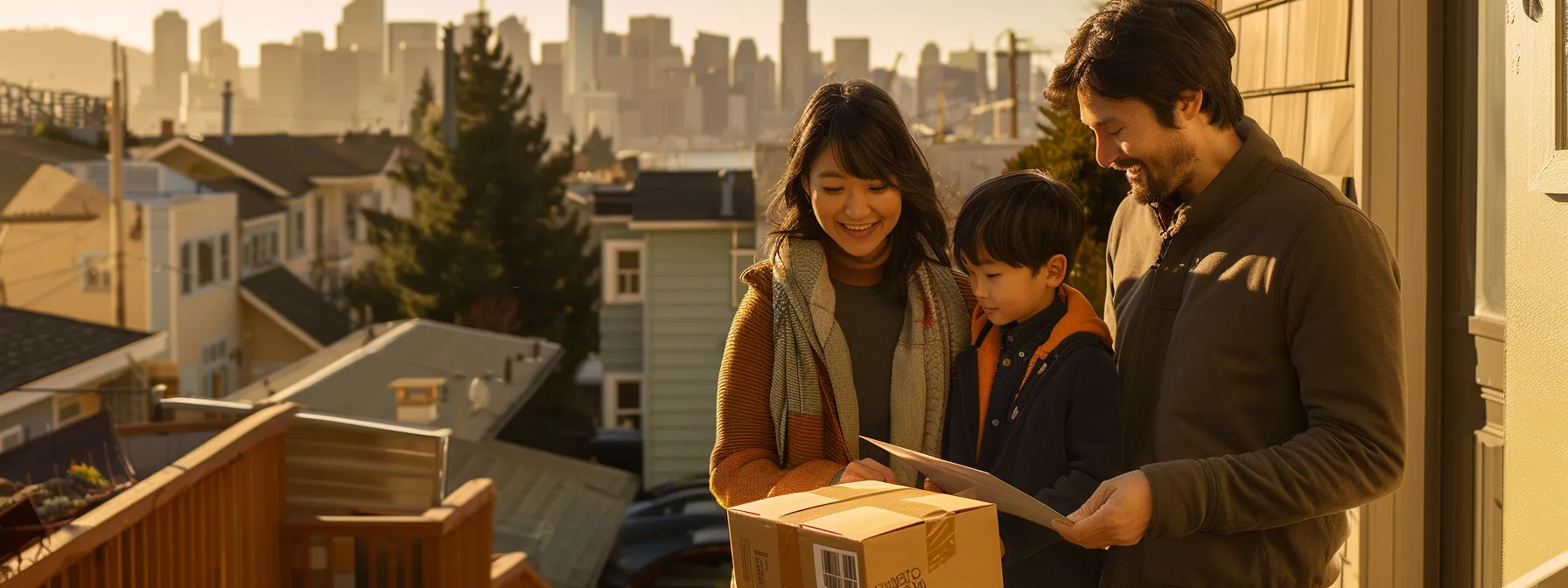 A Family Joyfully Reviews A Comprehensive Moving Checklist, Surrounded By Labeled Moving Boxes And A City Skyline In The Background.