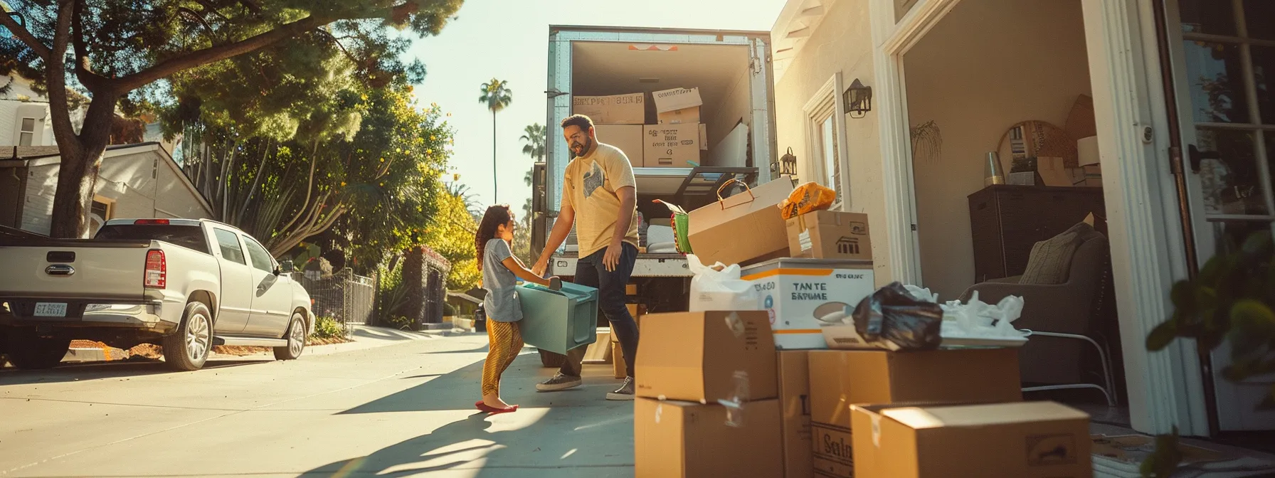 A Family Joyfully Unloading Their Belongings From A Moving Truck In Front Of Their New Los Angeles Home, Surrounded By Boxes And Moving Supplies.