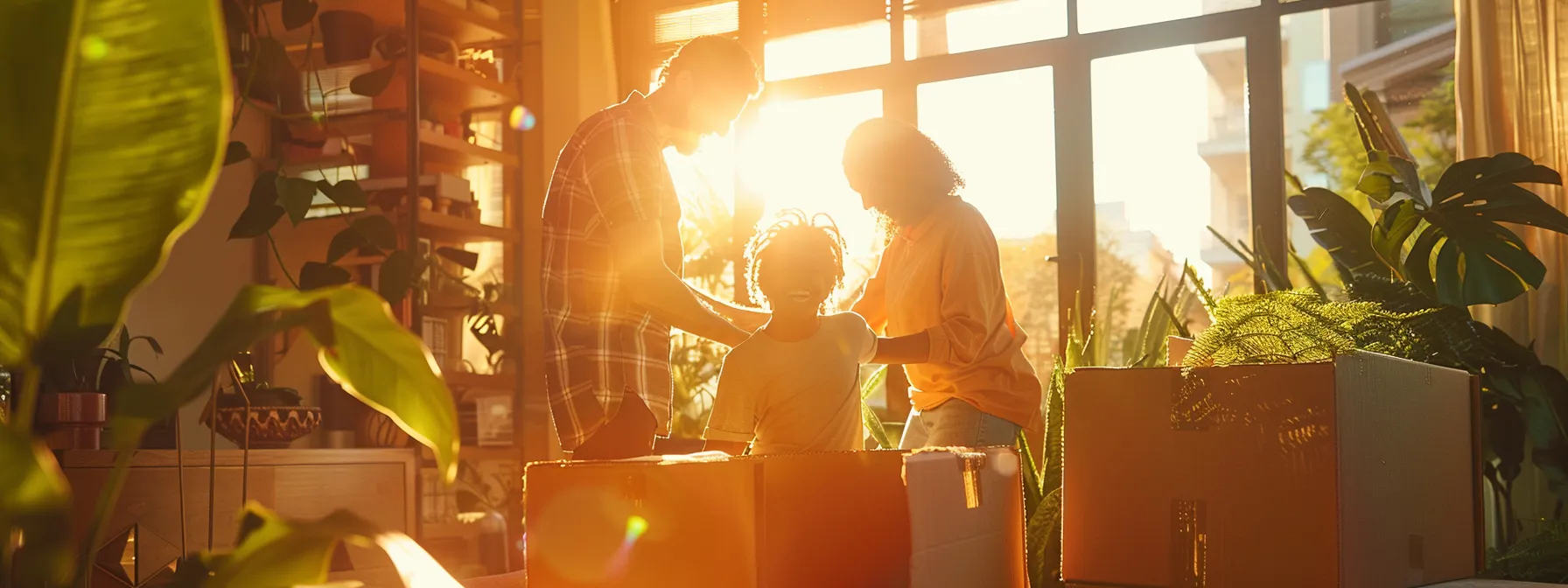 A Family Joyfully Unpacking Biodegradable Moving Boxes In A Sunlit San Francisco Apartment, Surrounded By Lush Green Plants, Showcasing Their Eco-Friendly Relocation Success Story.