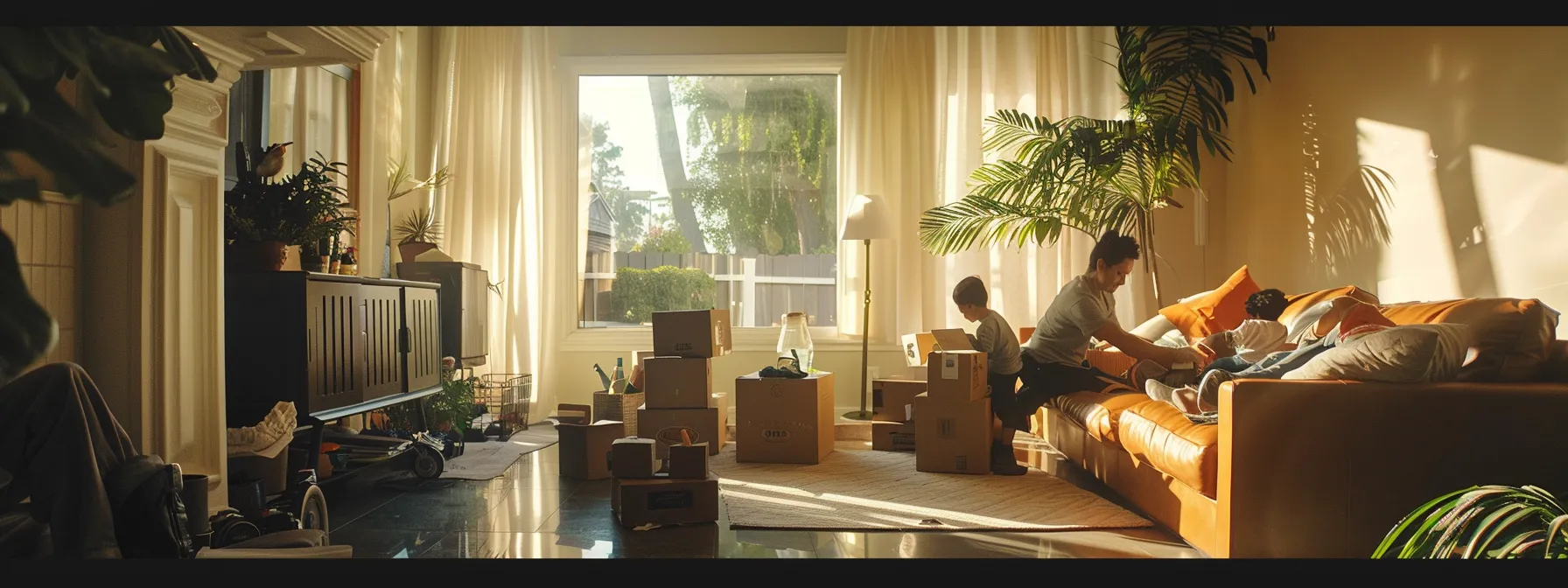 A Family Joyfully Unpacking Boxes In Their New Los Angeles Home While Professional Movers Help Arrange Furniture.