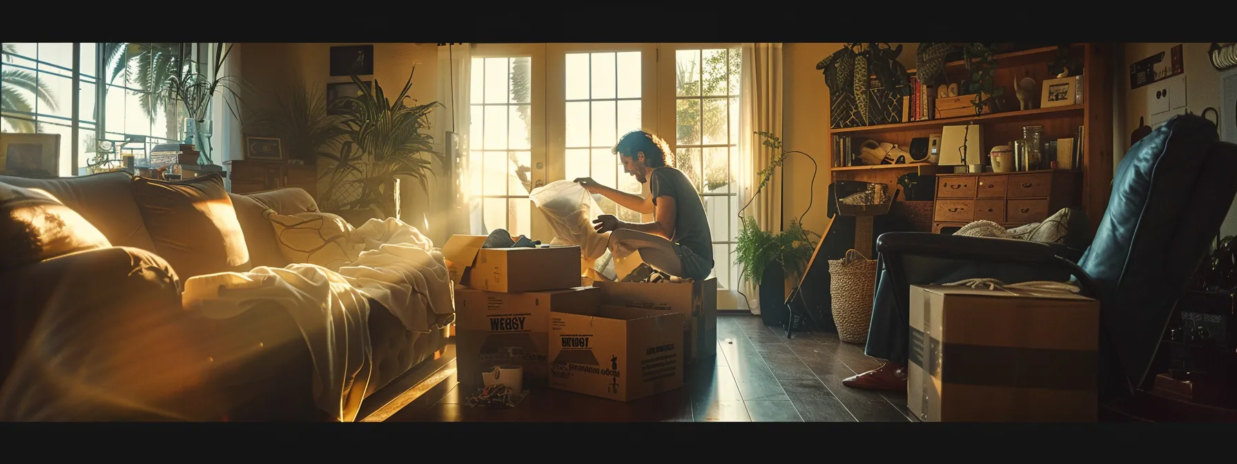 A Family Joyfully Unpacking Boxes In Their New Los Angeles Home, Surrounded By Professional Movers Handling Fragile Items With Care.