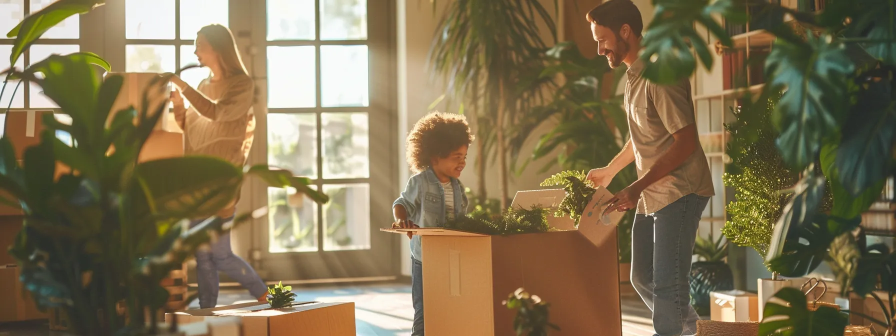 A Family Joyfully Unpacking In Their New Eco-Friendly Home In Los Angeles, Surrounded By Sustainable Packing Materials And Vibrant Greenery.