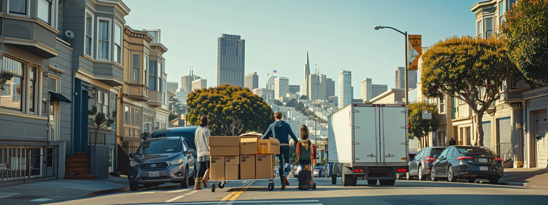 A Family Loading Boxes Into A Moving Truck With The Backdrop Of San Francisco's Iconic Skyline In The Distance.