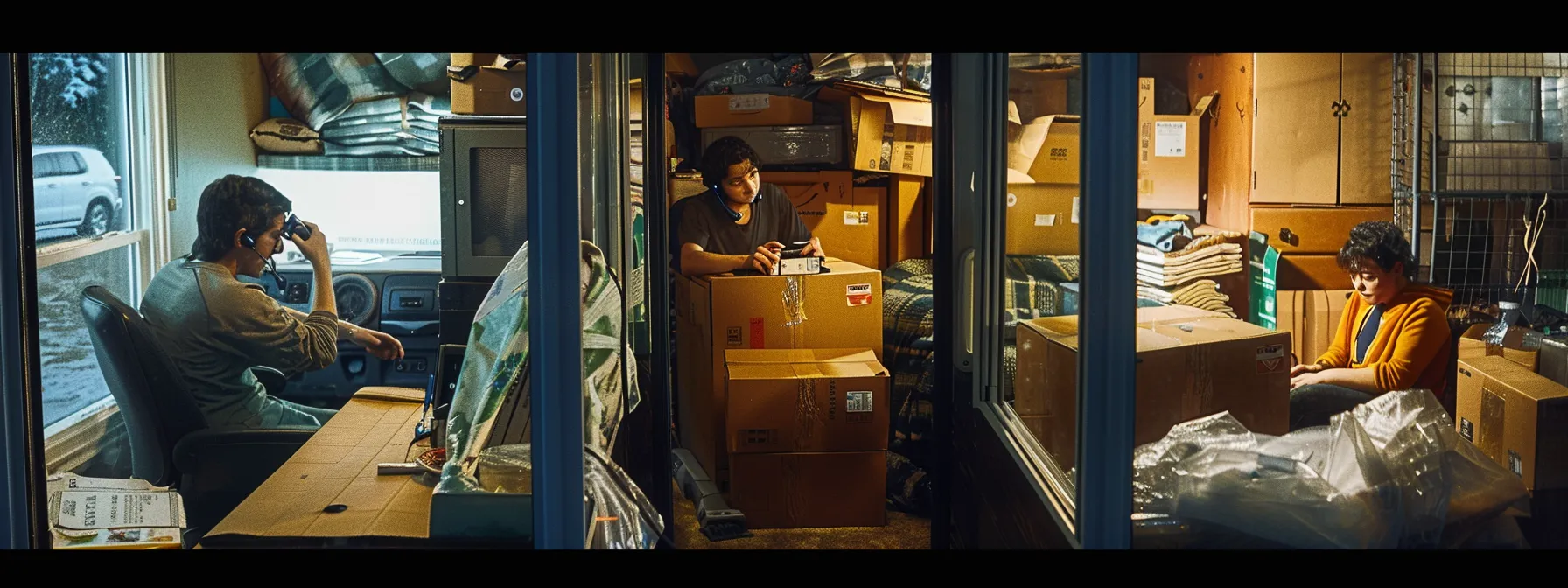 A Family On The Phone With Their Moving Team, Surrounded By Packing Boxes And A Moving Truck, Ensuring Smooth Communication During Their Interstate Move.