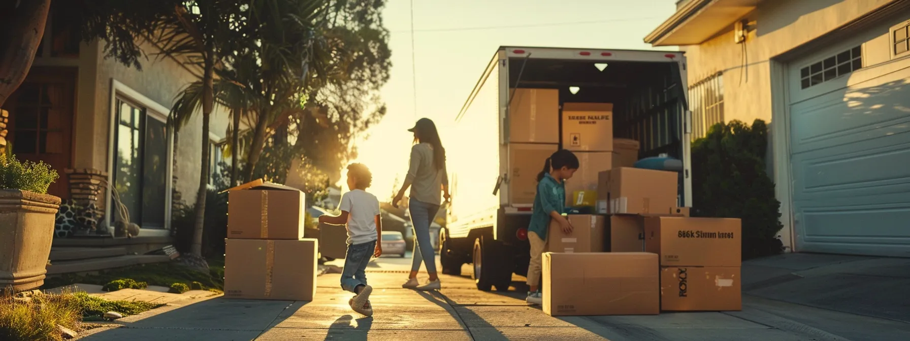 A Family Packing Boxes In Front Of A Moving Truck, Carefully Documenting Their Belongings For Their Interstate Relocation From Los Angeles.