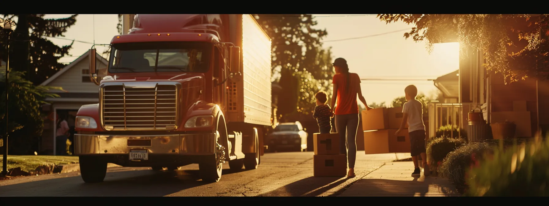 A Family Packing Boxes Together, With A Moving Truck In The Background Ready For A Cross Country Journey.