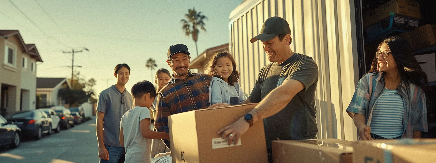 A Family Smiling And Approvingly Looking At A Moving Truck With A Scenic Los Angeles Backdrop, As Movers Efficiently Load Their Belongings.