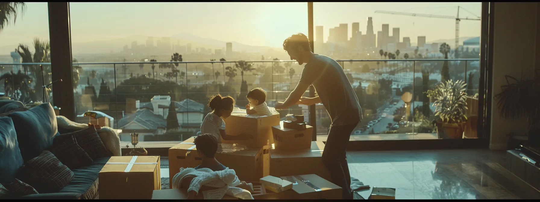 A Family Smiling And Unpacking Boxes In Their New Los Angeles Home After A Stress-Free And Successful Move, Surrounded By Scenic Views Of The City.