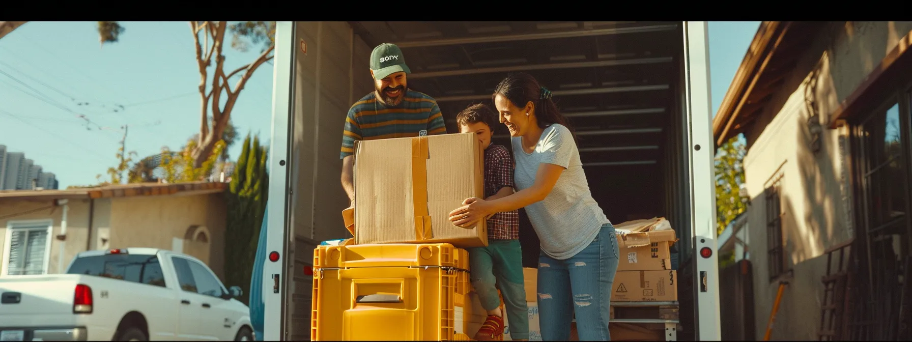 A Family Smiling As Professional Movers Load Their Belongings Onto A Moving Truck Against A Backdrop Of Scenic Los Angeles.