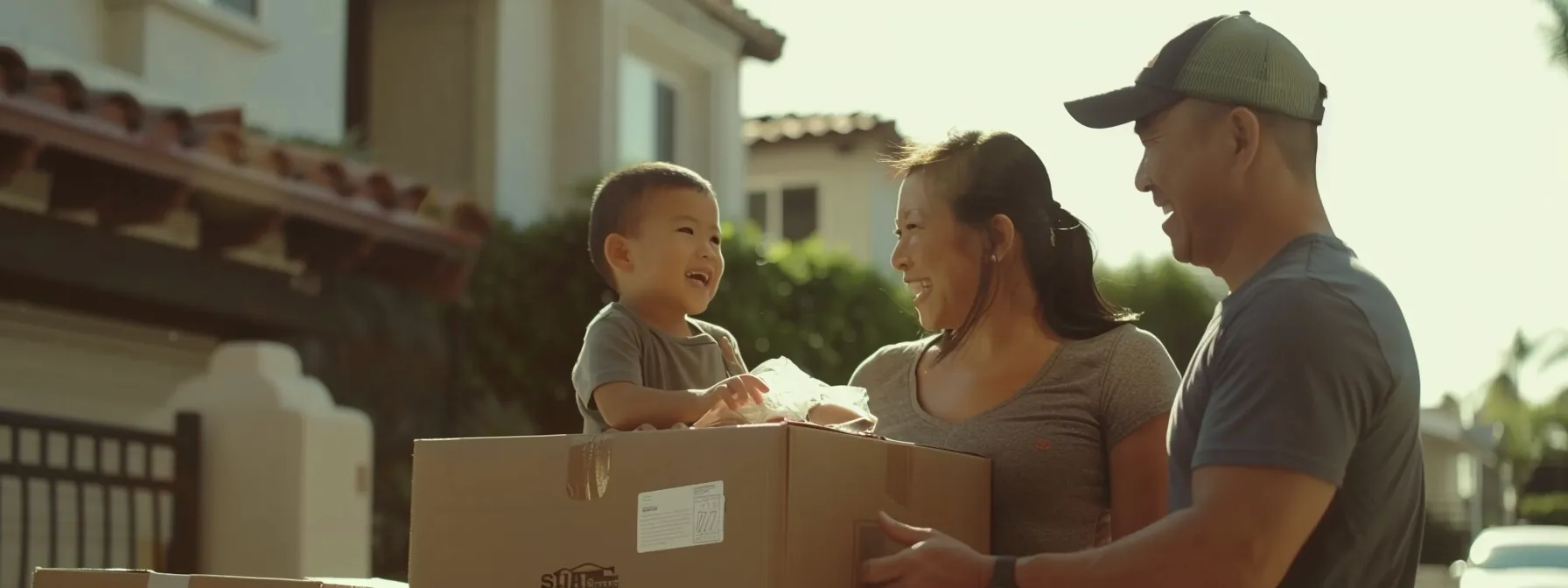 A Family Smiling As They Receive An Accurate Quote From Eco-Friendly Movers In Los Angeles, Surrounded By Moving Boxes Labeled With Green Moving Tips.