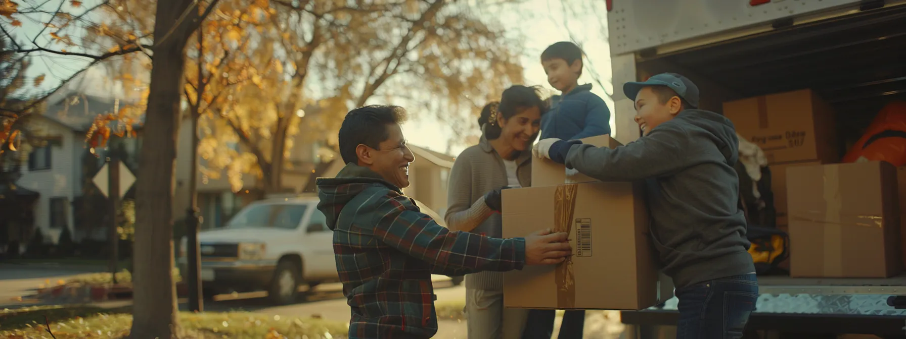 A Family Smiling As They Watch Professional Movers Carefully Load Their Belongings Onto A Moving Truck, Showcasing A Stress-Free Moving Day.