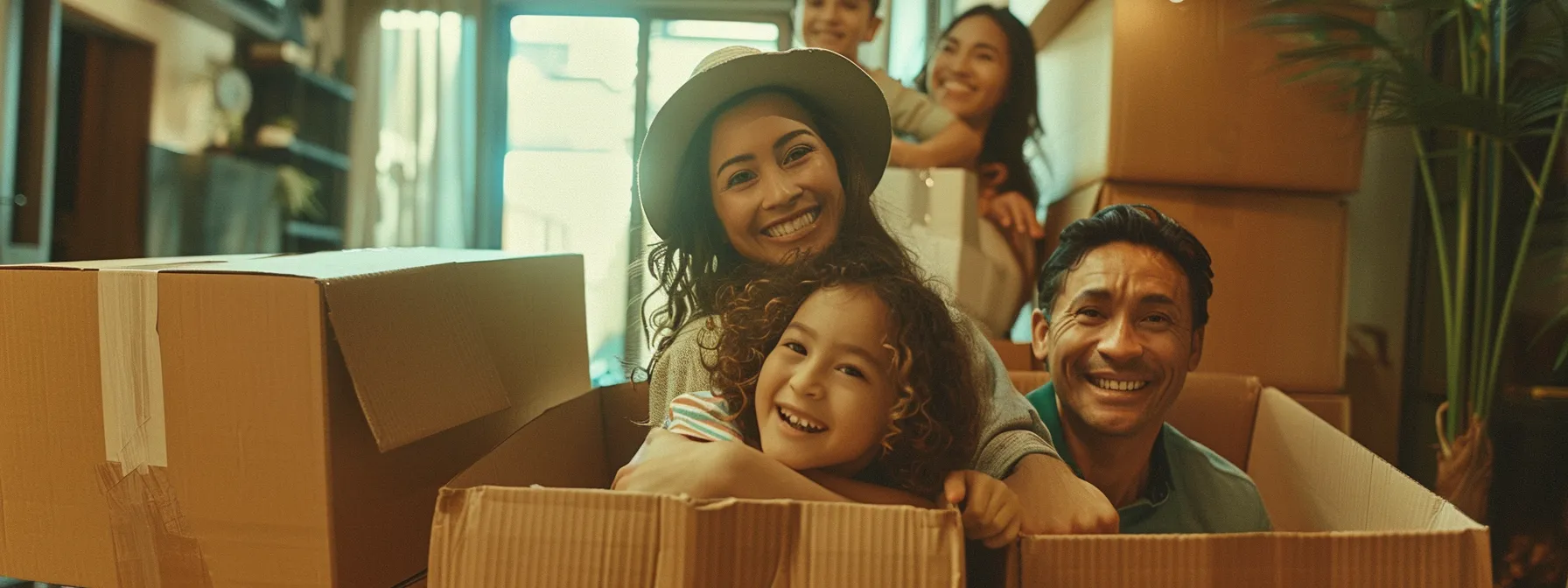 A Family Smiling, Surrounded By Organized Moving Boxes Labeled With Same-Day Moving Service Logo, Reflecting The Stress-Free And Efficient Relocation Process In Los Angeles.