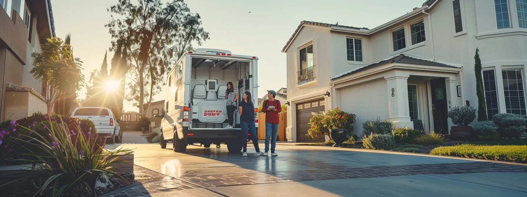 A Family Standing In Front Of A Moving Truck, Adorned With The Logo Of A Reputable Long-Distance Moving Company, In A Sunny Residential Neighborhood Of Orange County.