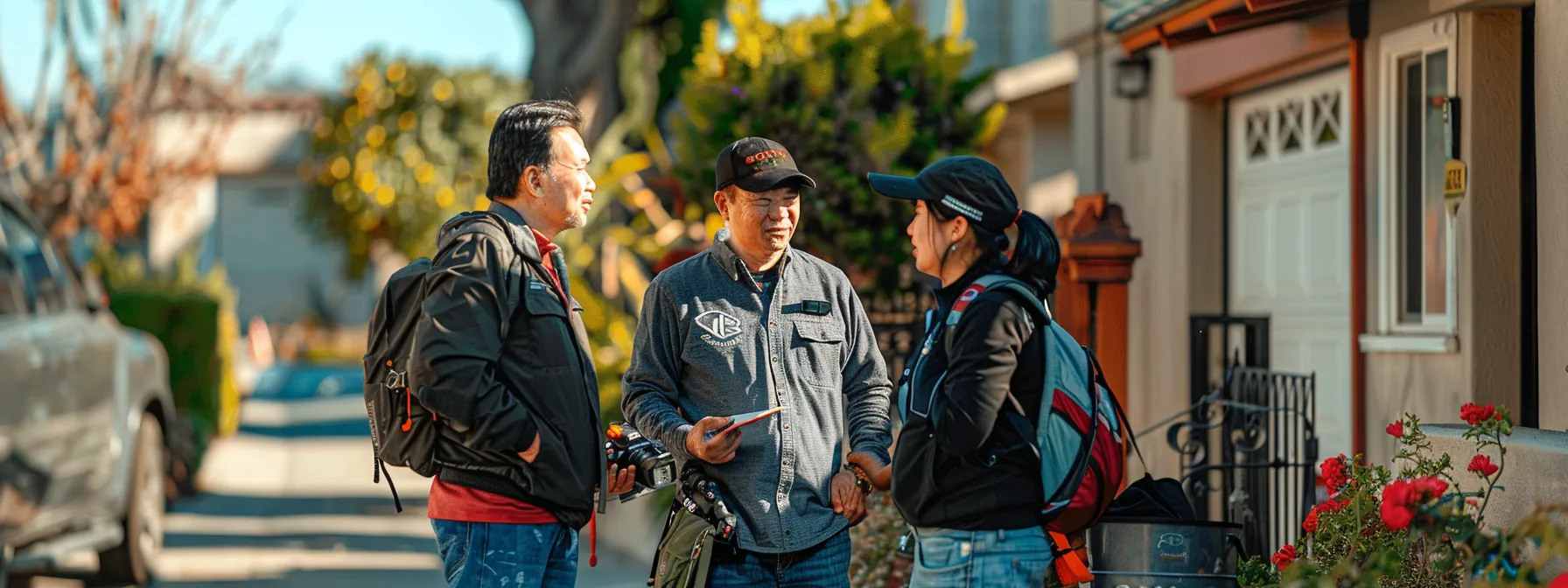 A Family Standing With Professional La Movers And Packers, Discussing Services Included In The Estimate And Specialty Item Handling, Exuding A Sense Of Trust And Reliability.