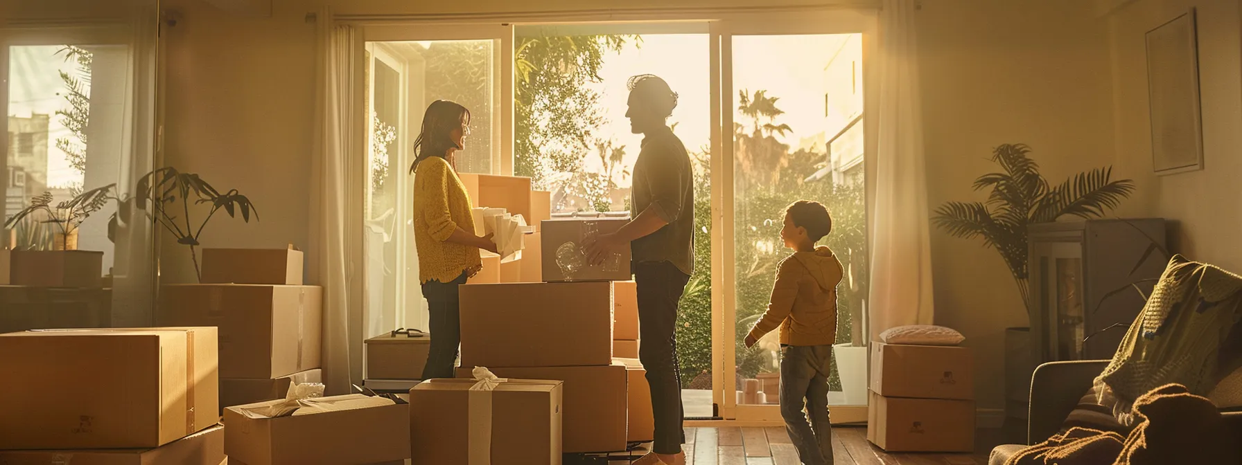 A Family Stands In Their Empty Living Room, Surrounded By Packed Moving Boxes, As Professional Movers Carefully Wrap Furniture For Their Stress-Free La Relocation.