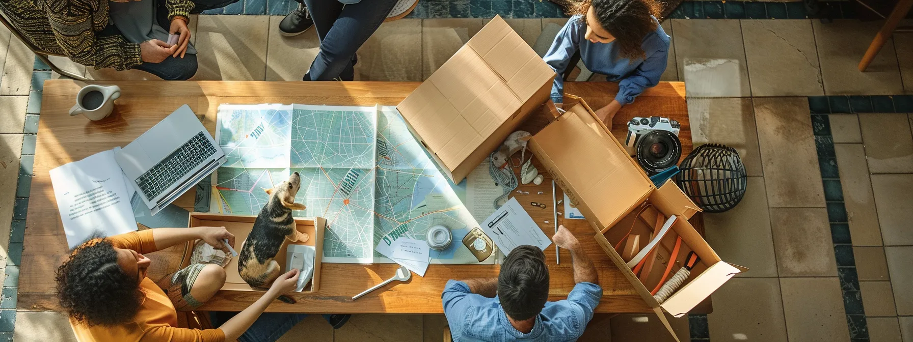 A Family Surrounded By Moving Boxes And Pet Carriers, With A Map Of Irvine, Ca On The Table And Important Documents Neatly Organized, Preparing For A Smooth Transition To Their New Home.