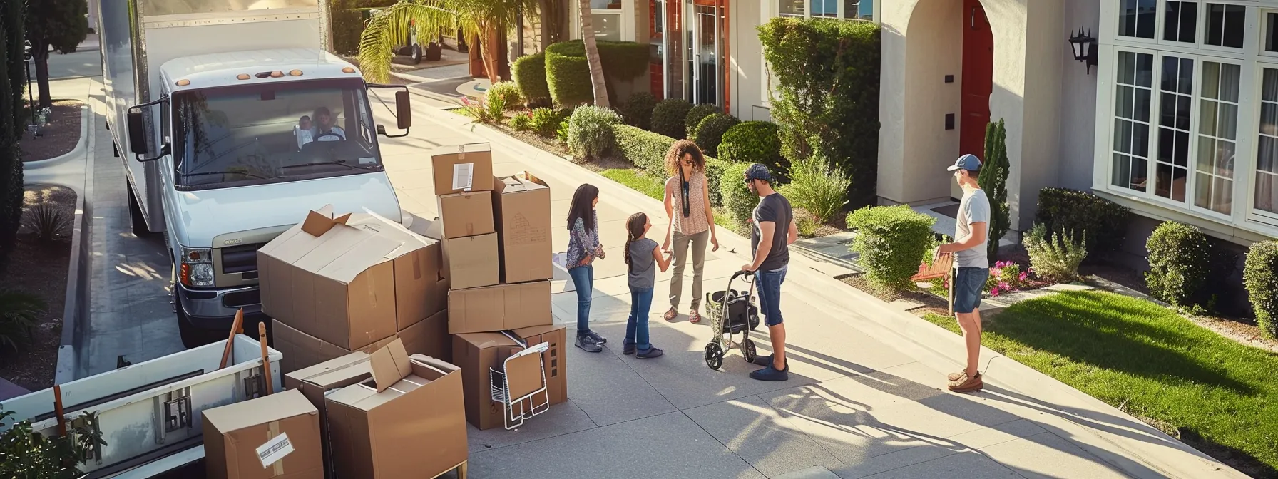 A Family Surrounded By Neatly Organized Moving Boxes, Chatting With Professional Movers While A Moving Truck Waits In The Background.