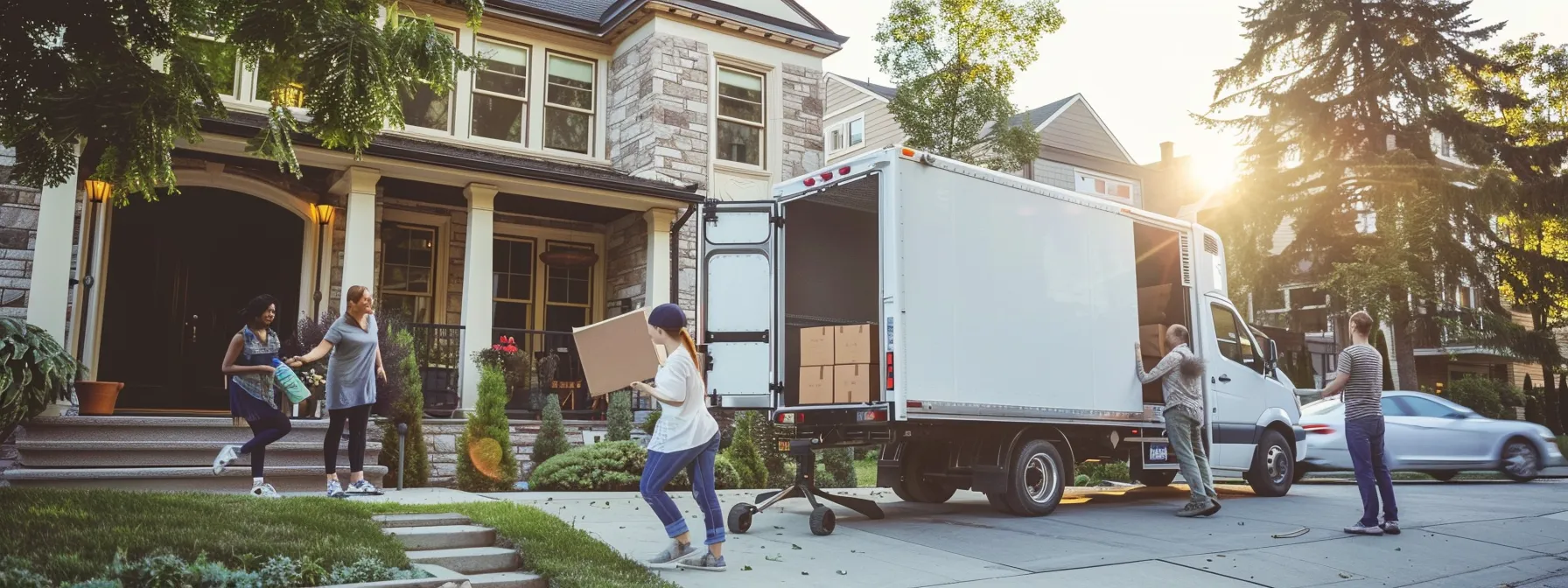 A Family Unloading A Moving Truck In Front Of A New Home, Surrounded By Professional And Trustworthy Movers In Action, Ensuring A Stress-Free And Safe Moving Experience.