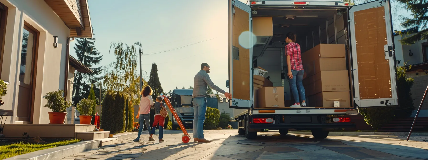 A Family Watching With Anticipation As Professional Movers Load Their Belongings Into A Sleek Moving Truck In Preparation For A Stress-Free Cross Country Move.