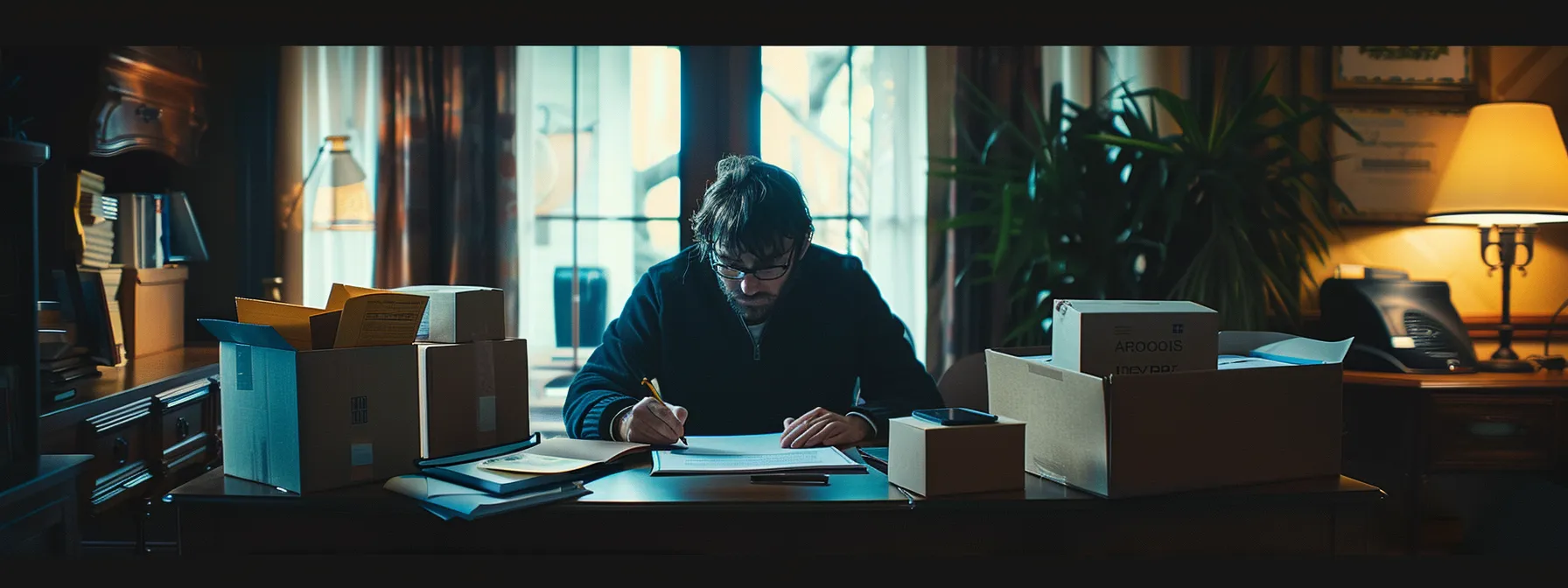 A Focused Individual Reviewing And Signing A Contract At A Well-Organized Desk With Moving Boxes In The Background, Preparing For A Smooth Relocation To A New Destination.