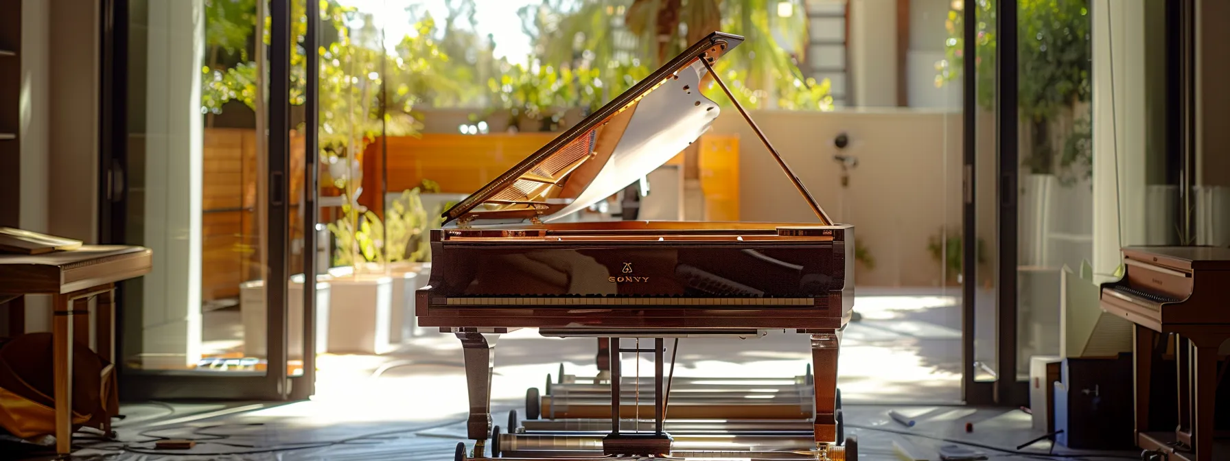 A Grand Piano Being Carefully Lifted By Professional Movers In Orange County, Showcasing The Expertise And Precision Required For Piano Moving.