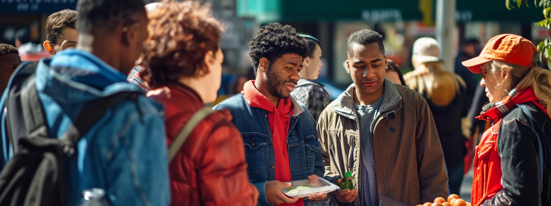 A Group Of Diverse Individuals Gathered At A Bustling Farmers Market In Downtown San Francisco, Sampling Organic Produce And Engaging In Lively Conversations.