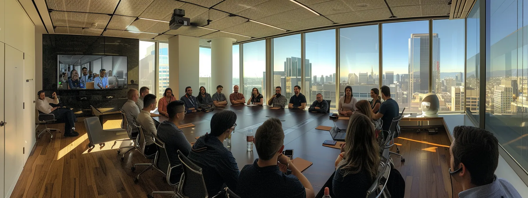 A Group Of Employees Gathered In A Modern Office Boardroom In Downtown San Francisco, Attentively Listening To A Presenter Discussing The Logistics Of The Upcoming Office Relocation.