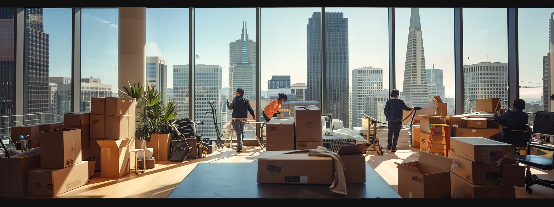 A Group Of Experienced Movers Carefully Handling Heavy Equipment In A Modern San Francisco Office, Surrounded By Boxes And Moving Supplies, With The Iconic Skyline In The Background.