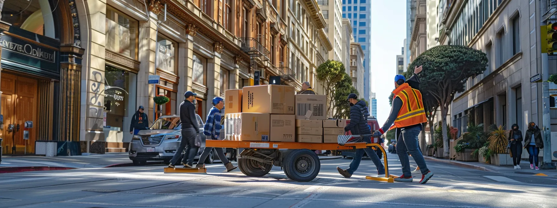 A Group Of Experienced Movers Carefully Transporting Furniture Through The Vibrant Streets Of Downtown San Francisco, Showcasing Efficiency And Professionalism In Their Local Moving Services.