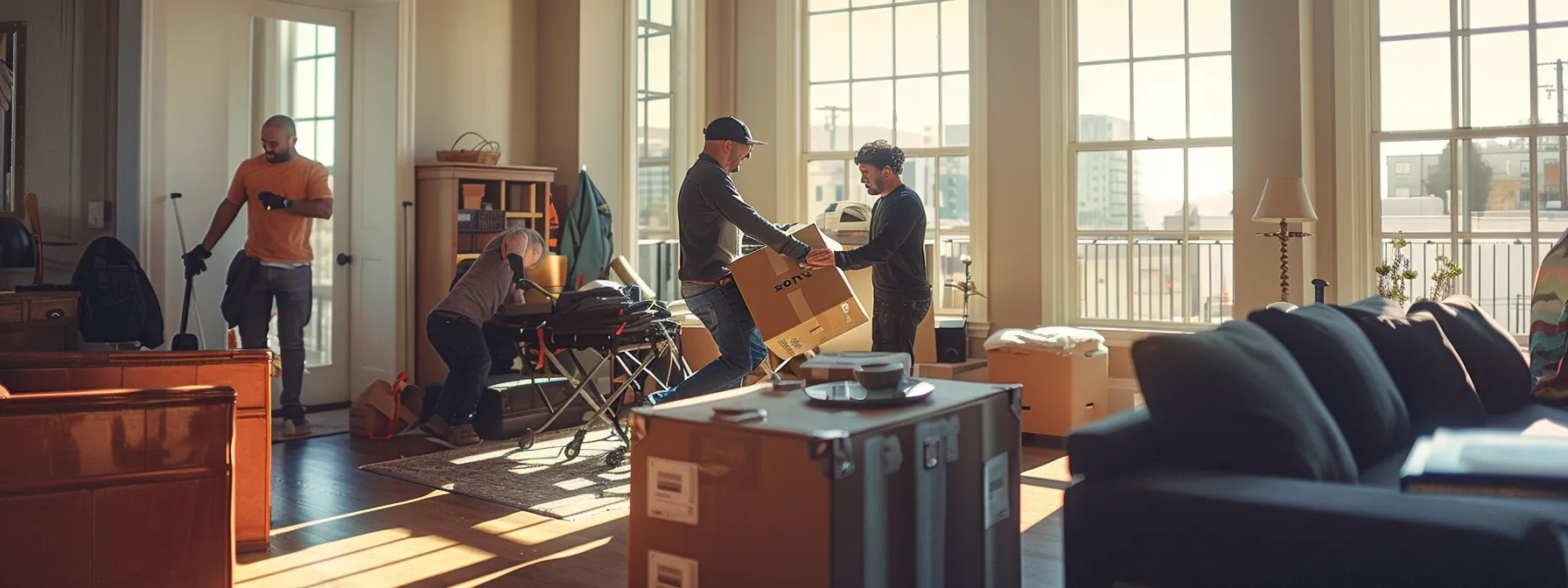 A Group Of Experienced Movers In San Francisco, Equipped With Modern Tools, Expertly Handling Furniture In An Upscale Urban Apartment Setting.