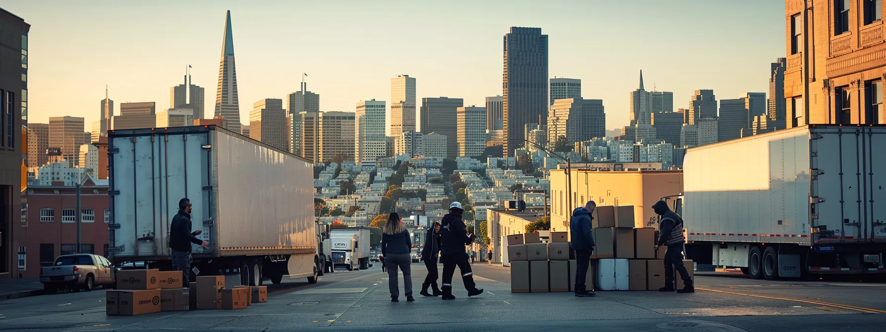 A Group Of Experienced Office Movers Carefully Packing And Loading Boxes Into A Moving Truck Against The Backdrop Of San Francisco's Iconic Skyline.